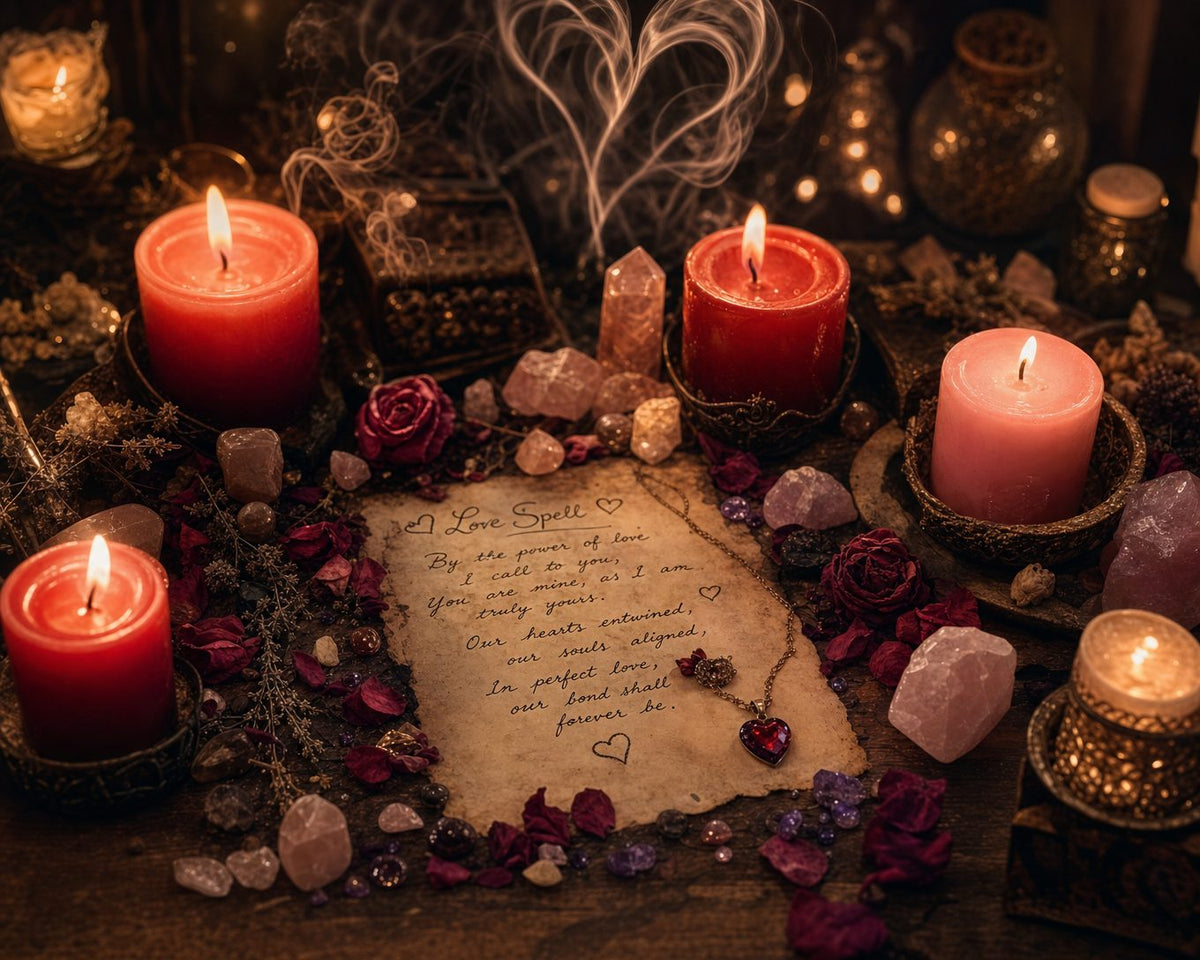 Kerzenmagie Liebeszauber: Rote und rosa Kerzen auf einem Altar mit Liebesspruch auf Pergament, Rosenquarz-Kristallen, getrockneten Rosen und herzförmigem Rauch – mystisches Ritual für Liebe
