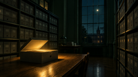 Nächtliches Archiv mit Regalen voller Kartons, auf einem Holztisch steht eine geöffnete Kiste, aus der warmes Licht fällt, im Fenster ein Mond über einem Universitätsgebäude