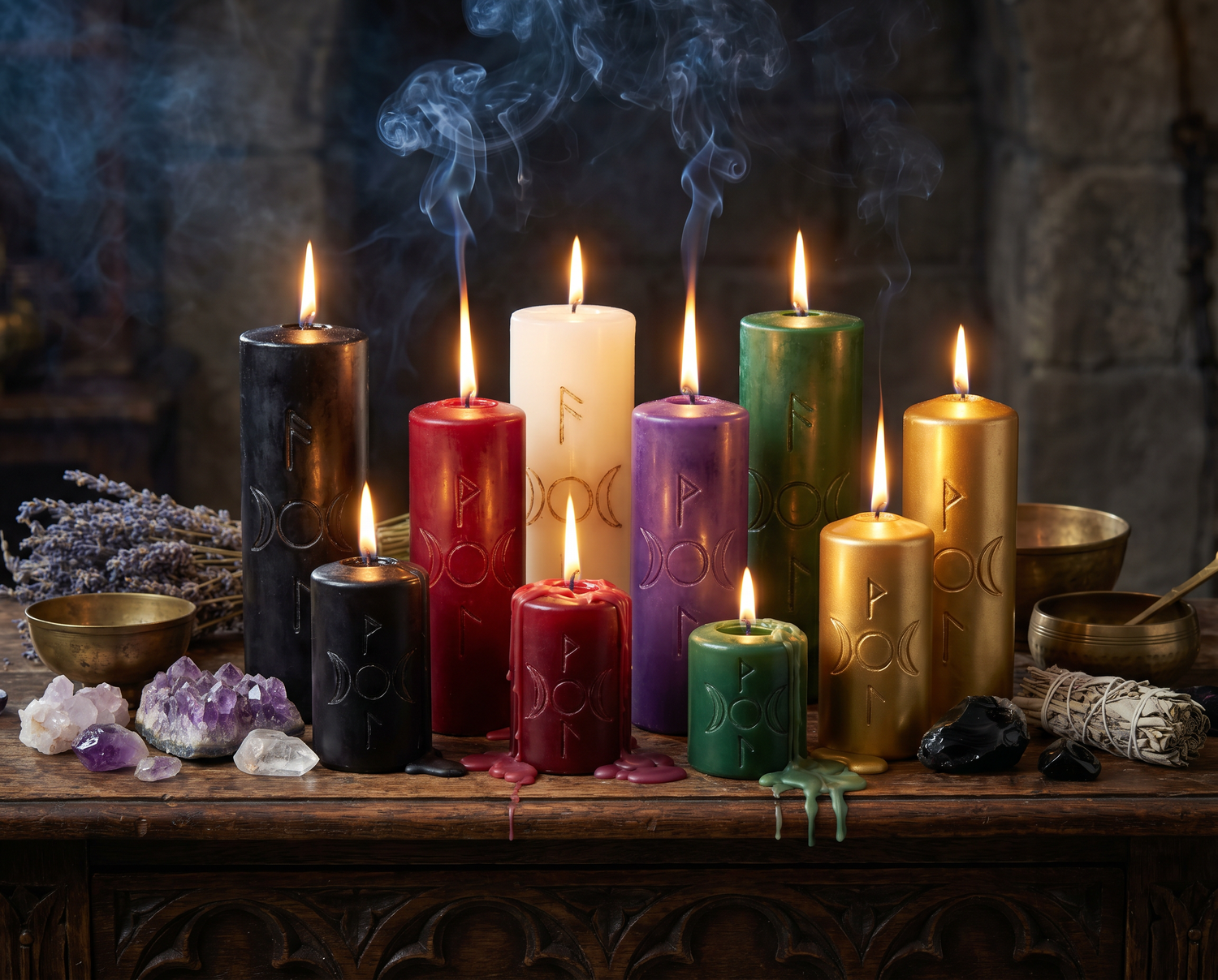 Magische Ritualkerzen – Bunte Kerzen mit Runen auf dunklem Altar