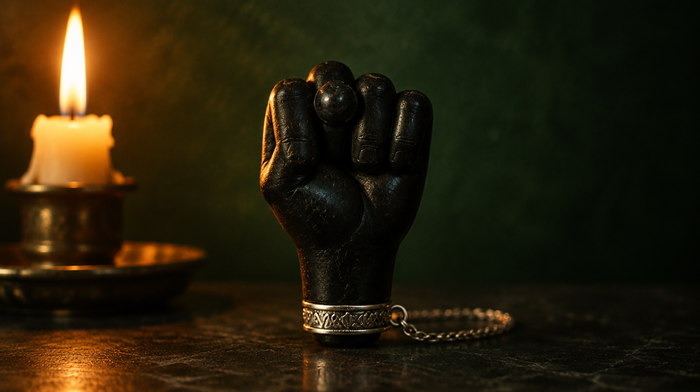 Schwarzes Mano-fico-Amulett aus Gagat: geschlossene Faust, die Daumenspitze ragt zwischen Zeige- und Mittelfinger hervor, daneben eine brennende Kerze