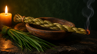 Geflochtener Mariengras-Zopf (Sweetgrass) mit glimmender Spitze und feinem Rauch über einer Tonschale, daneben ein Bündel frischer grüner Halme