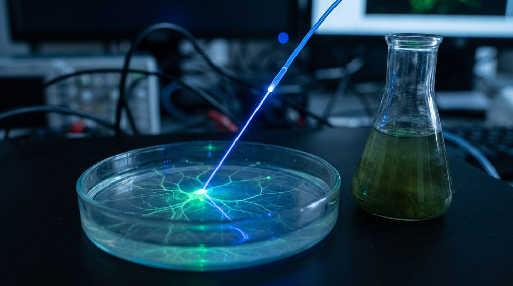 Blauer Lichtstrahl aus einer Glasfaser trifft Nervenzellen in einer Petrischale, daneben ein Kolben mit Grünalgen – KI-Illustration zur Optogenetik, Medizin-Nobelpreis 2026