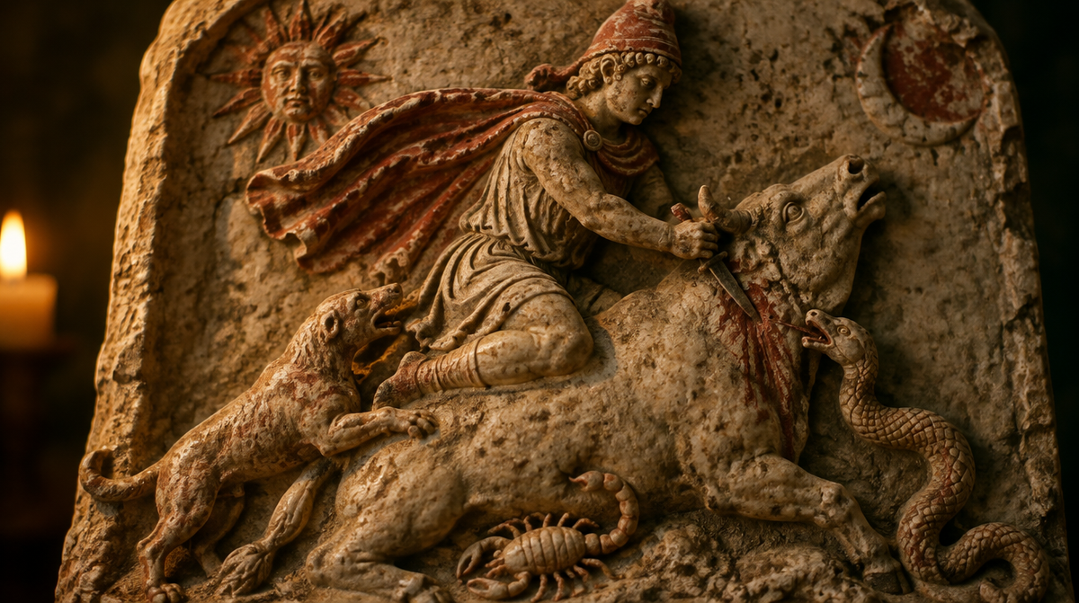 Römisches Steinrelief der Stiertötung: Mithras mit phrygischer Mütze kniet auf einem Stier und stößt ihm den Dolch in den Hals, Hund und Schlange springen zur Wunde, ein Skorpion am Bauch des Stiers, oben Sonne und Mond