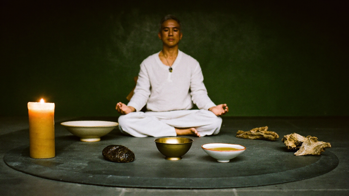 Mann in weißem Leinen sitzt im Meditationssitz auf dunklem Stein, umgeben von Kerze, Stein, Messingschale, Wasserschale und Holz – Nadi-Yoga der 5 Elemente in Badenweiler