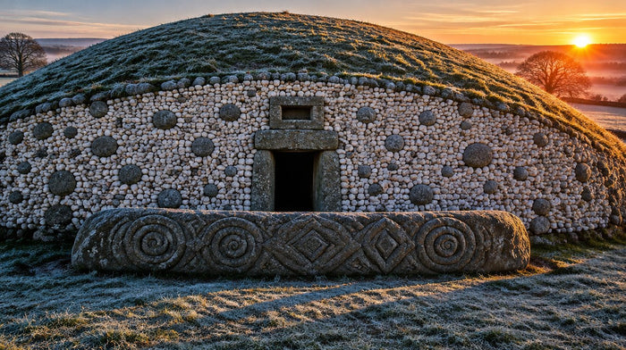 Runder Grabhügel mit weißer Quarzmauer, Spiralstein vor dem dunklen Eingang, Raureif im Gras und Sonnenaufgang im Winter