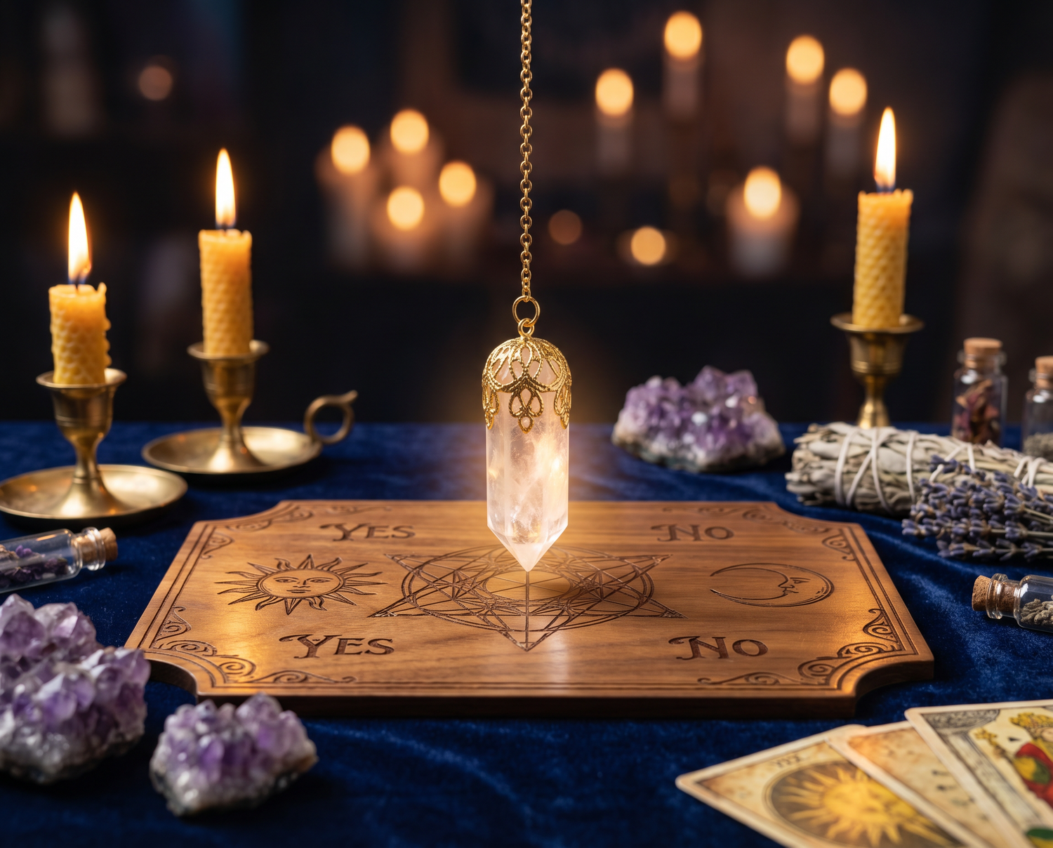 Pendel Antworten deuten spirituell – Kristallpendel auf Pendelboard mit Amethysten