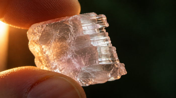 Blassrosa, durchscheinender Petalit-Kristall mit stufigen Spaltflächen zwischen zwei Fingerspitzen, von Kerzenlicht durchleuchtet
