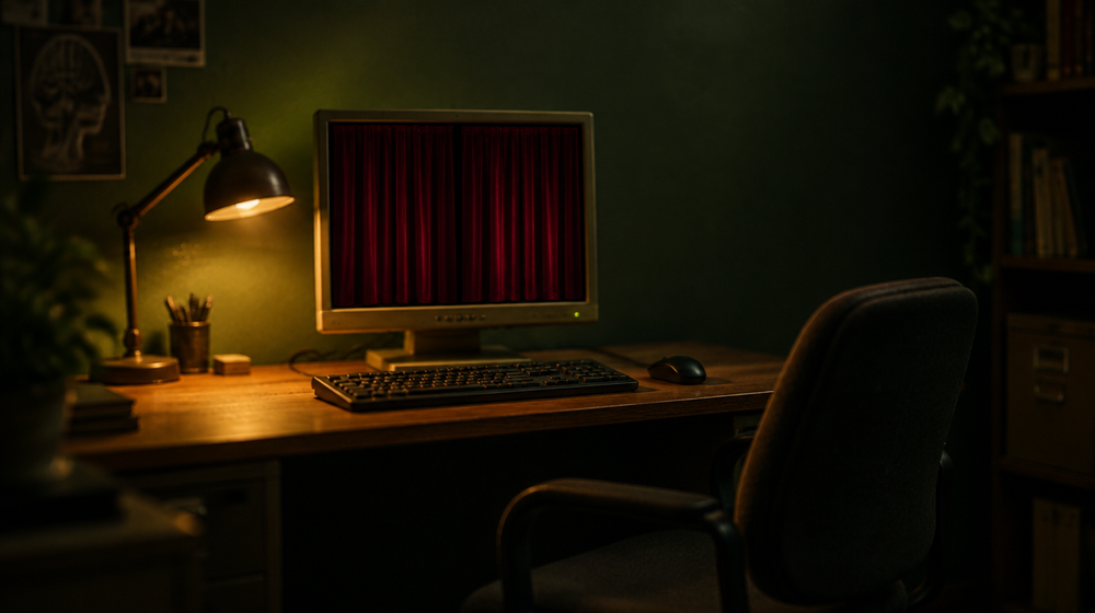 Ein älterer Computerbildschirm in einer dunklen Laborkabine zeigt zwei geschlossene rote Samtvorhänge nebeneinander, davor Tastatur, Maus und ein leerer Bürostuhl, links eine warm leuchtende Schreibtischlampe vor dunkelgrüner Wand