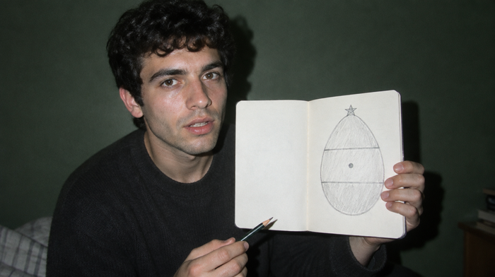 Junger Mann hält ein Skizzenbuch mit dem gezeichneten Eimodell der Psychosynthese: ein Oval in drei Schichten, ein Punkt in der Mitte und ein Stern an der Spitze