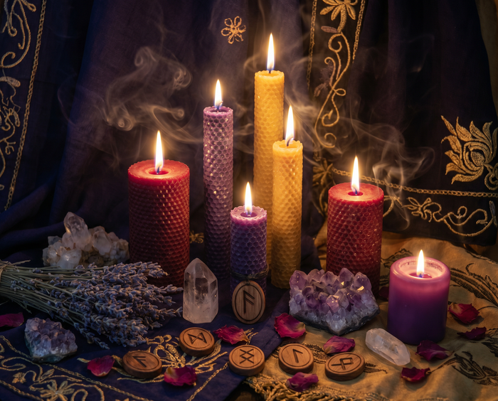 Ritual Kerzen abbrennen – bunte Kerzen auf magischem Altar mit Kristallen