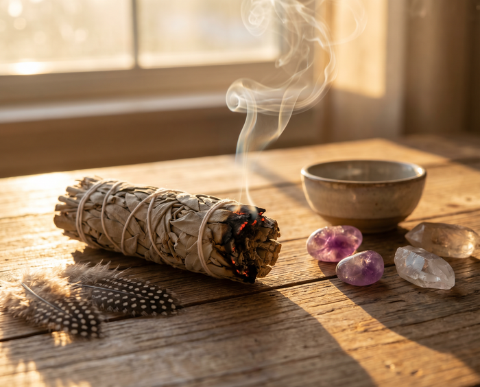 Salbei räuchern – weißes Salbei Bündel brennt mit Rauch für spirituelle Reinigung