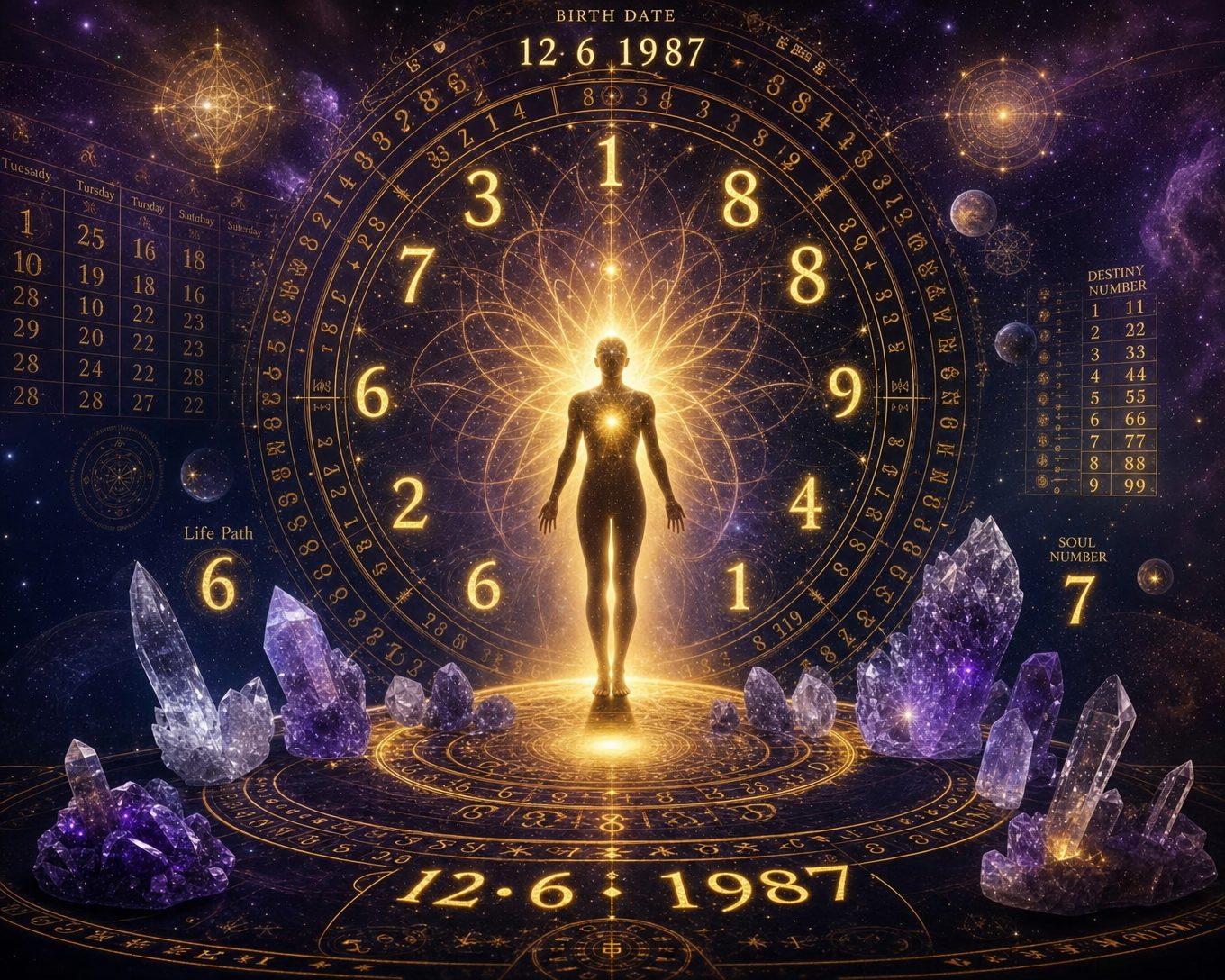 Seelenzahl berechnen mit Geburtsdatum: Leuchtende Silhouette im Zentrum eines Numerologie-Kreises mit goldenen Zahlen, Amethyst- und Bergkristallen vor kosmischem Hintergrund