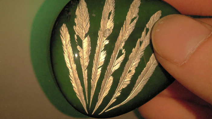 Polierter dunkelgrüner Seraphinit-Cabochon mit silbrigen federartigen Zeichnungen zwischen Fingerspitzen