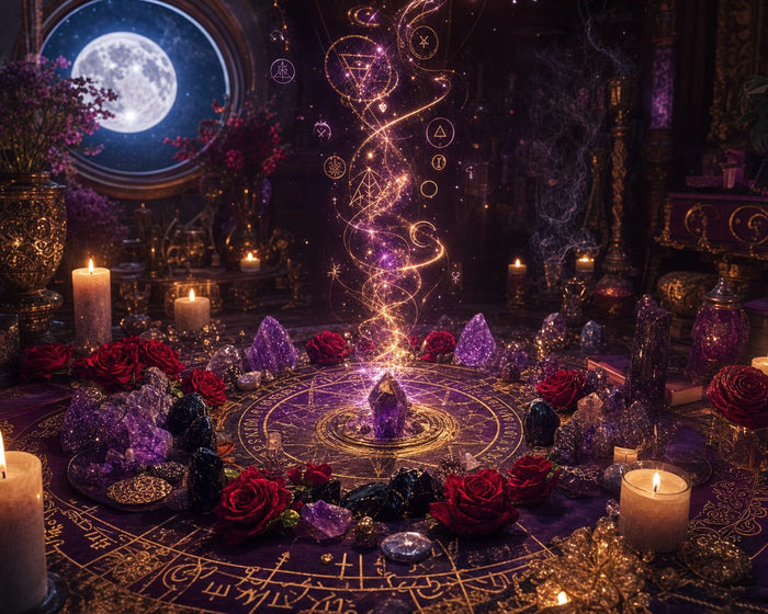 Sexual Magie: Heiliger Ritualkreis mit Amethyst-Kristallen, roten Rosen, Kerzen und magischen Symbolen im Mondlicht