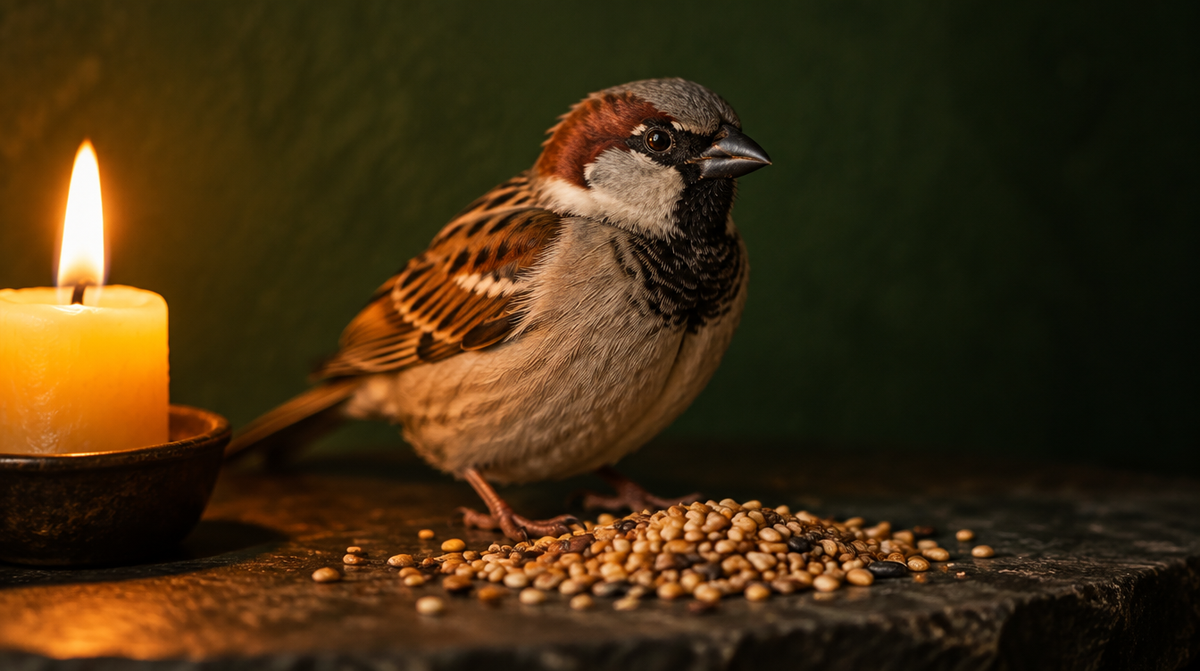 Haussperling-Männchen mit grauer Kopfplatte, kastanienbraunem Nacken und schwarzem Latz steht neben Körnern auf dunklem Stein im Kerzenlicht