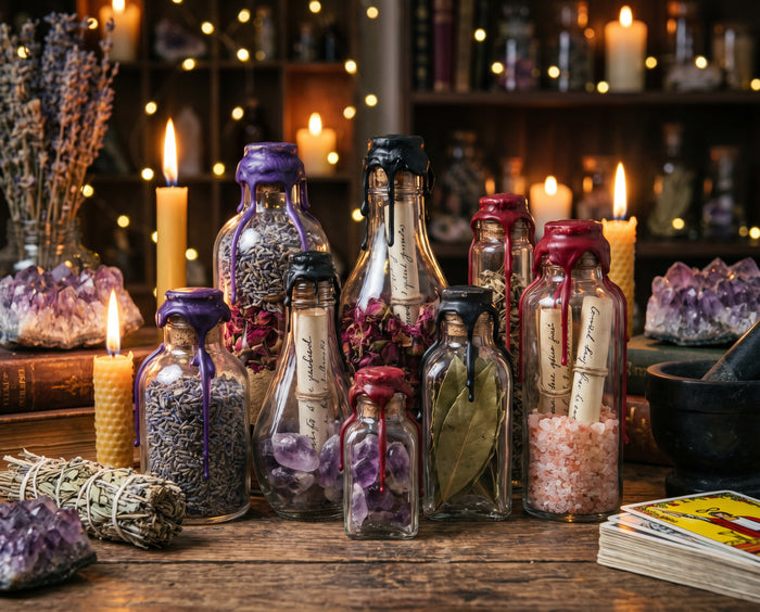 Spell Jar Zaubergläser selber machen – Anleitung mit Kräutern, Kristallen und Wachssiegel auf Holztisch