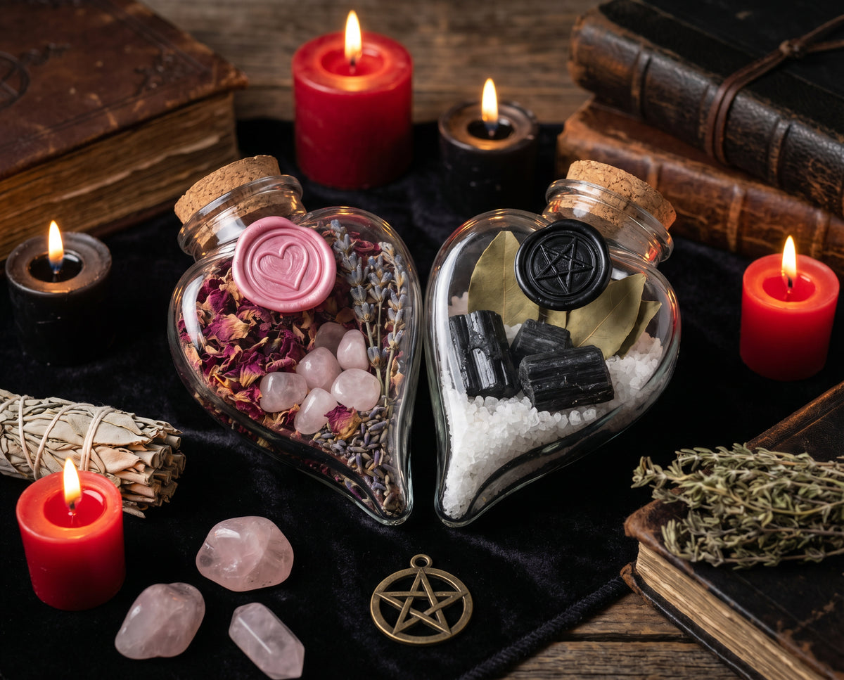 Spell Jar Rezepte für Liebe und Schutz – herzförmige Gläser mit Rosenquarz und schwarzem Turmalin