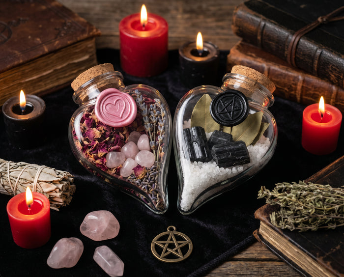 Spell Jar Rezepte für Liebe und Schutz – herzförmige Gläser mit Rosenquarz und schwarzem Turmalin