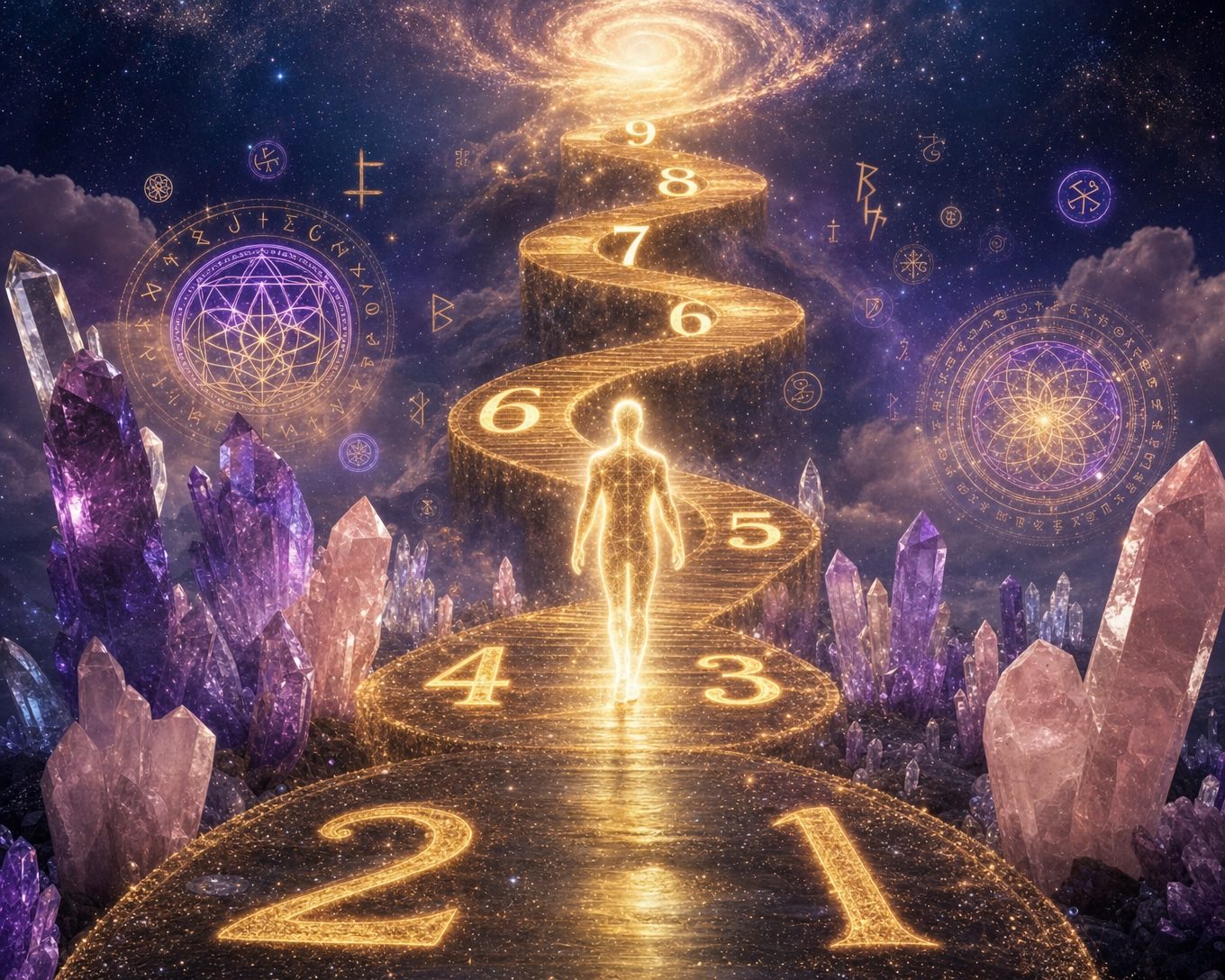 Was ist meine spirituelle Zahl: Leuchtende Seele geht goldenen Zahlenpfad von 1 bis 9 entlang, umgeben von Amethyst- und Rosenquarz-Kristallen, heiliger Geometrie und kosmischen Runen