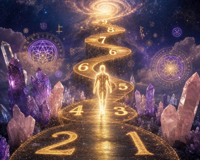 Was ist meine spirituelle Zahl: Leuchtende Seele geht goldenen Zahlenpfad von 1 bis 9 entlang, umgeben von Amethyst- und Rosenquarz-Kristallen, heiliger Geometrie und kosmischen Runen
