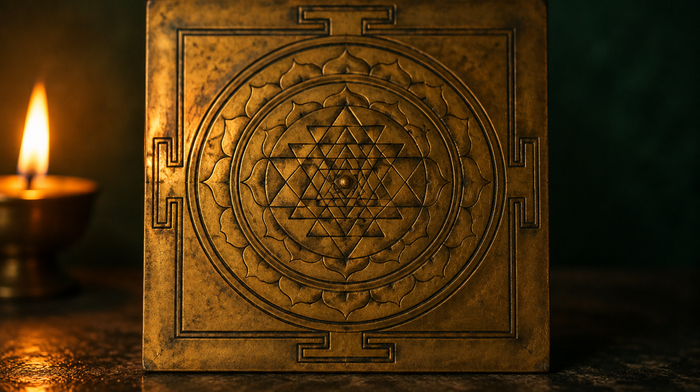 Sri Yantra auf einer Messingplatte: neun ineinander verschränkte Dreiecke um einen Mittelpunkt, zwei Lotuskränze und ein quadratischer Rahmen mit vier Toren, links eine Öllampe