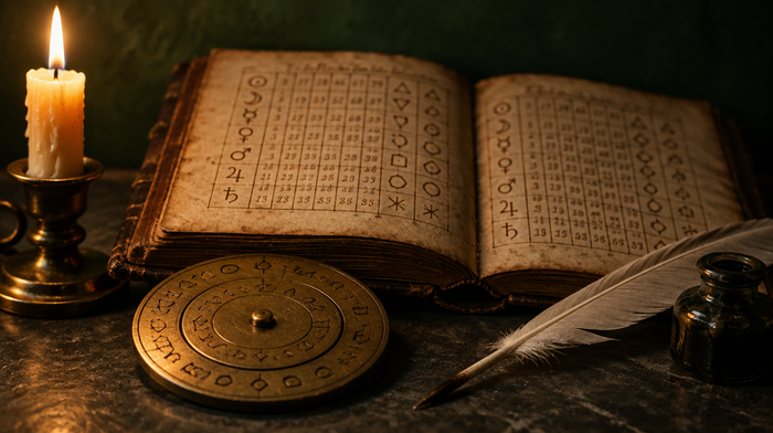 Aufgeschlagenes altes Buch mit Zahlentafeln und Planetenzeichen, davor eine Chiffrierscheibe aus Messing, Gänsekiel und Tintenfass im Kerzenlicht – wie in der Steganographia des Trithemius