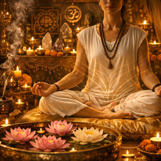 Tantra als Weg der Befreiung: Spirituelle Meditation mit Lotusblüten, Kristallen und Kerzen auf einem heiligen Altar