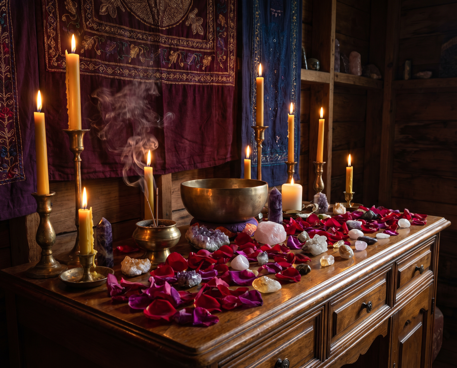 Sex Ritual spirituell – heiliger Altar mit Kerzen, Kristallen und Rosenblättern