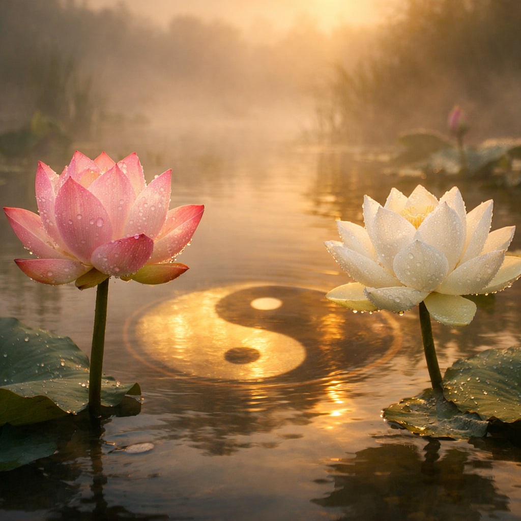 Taoismus Sexualität – Lotusblüten mit Yin-Yang Reflexion