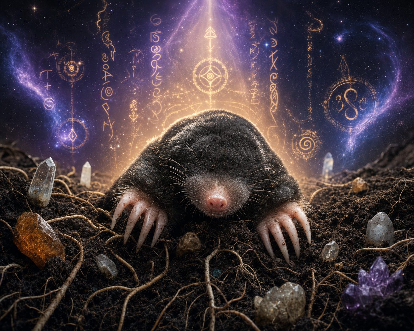 Toter Maulwurf spirituelle Bedeutung: Maulwurf im Erdreich umgeben von mystischen Runen, Kristallen und kosmischem Licht als Symbol für Transformation und innere Weisheit