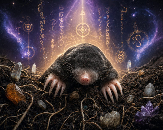 Toter Maulwurf spirituelle Bedeutung: Maulwurf im Erdreich umgeben von mystischen Runen, Kristallen und kosmischem Licht als Symbol für Transformation und innere Weisheit