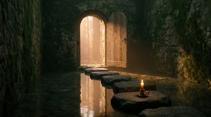 Trittsteine führen durch stilles Wasser zu einer offenen Holztür mit Morgenlicht – Transformations-Training in Badenweiler