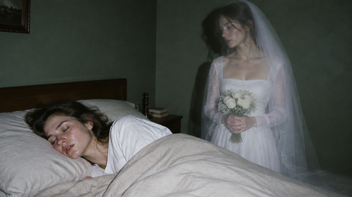 Schlafende junge Frau im Bett, neben ihr die durchscheinende Traumgestalt ihrer selbst im Brautkleid mit Schleier und weißen Rosen