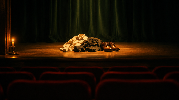 Abgelegte Kleider und ein Paar Lederschuhe allein auf einer Theaterbühne im Lichtkegel, davor leere rote Zuschauerreihen, links eine brennende Kerze