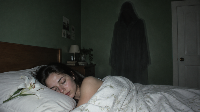 Junge Frau schläft im Bett, am Fußende steht eine dunkle Traumgestalt im Kapuzenmantel, auf dem Kissen liegt eine weiße Lilie