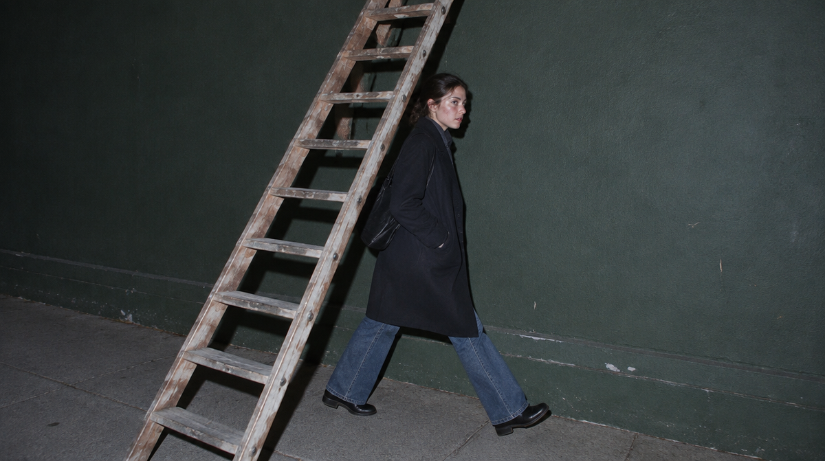 Junge Frau im dunklen Mantel geht auf dem Gehweg unter einer an die Hauswand gelehnten Holzleiter hindurch