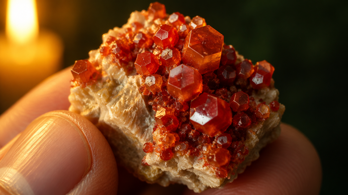 Vanadinit-Stufe zwischen den Fingern: leuchtend rote, sechseckige Kristalle auf hellem Baryt im Kerzenlicht