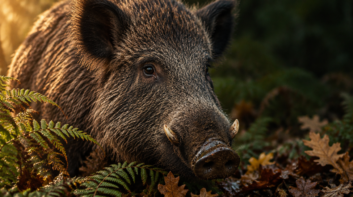 Wildschwein mit Hauern zwischen Farn und Eichenlaub am Waldboden