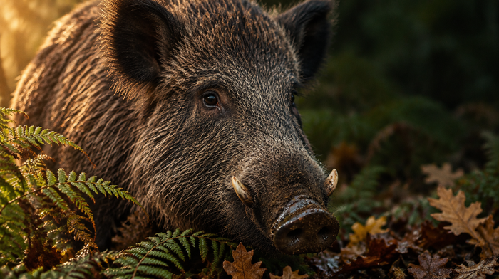 Wildschwein mit Hauern zwischen Farn und Eichenlaub am Waldboden