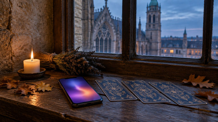 Leuchtendes Smartphone neben drei verdeckten Tarotkarten, einer brennenden Kerze und getrocknetem Lavendel auf einer Fensterbank, dahinter eine gotische Kathedrale in der Abenddämmerung – KI-Illustration, keine reale Szene