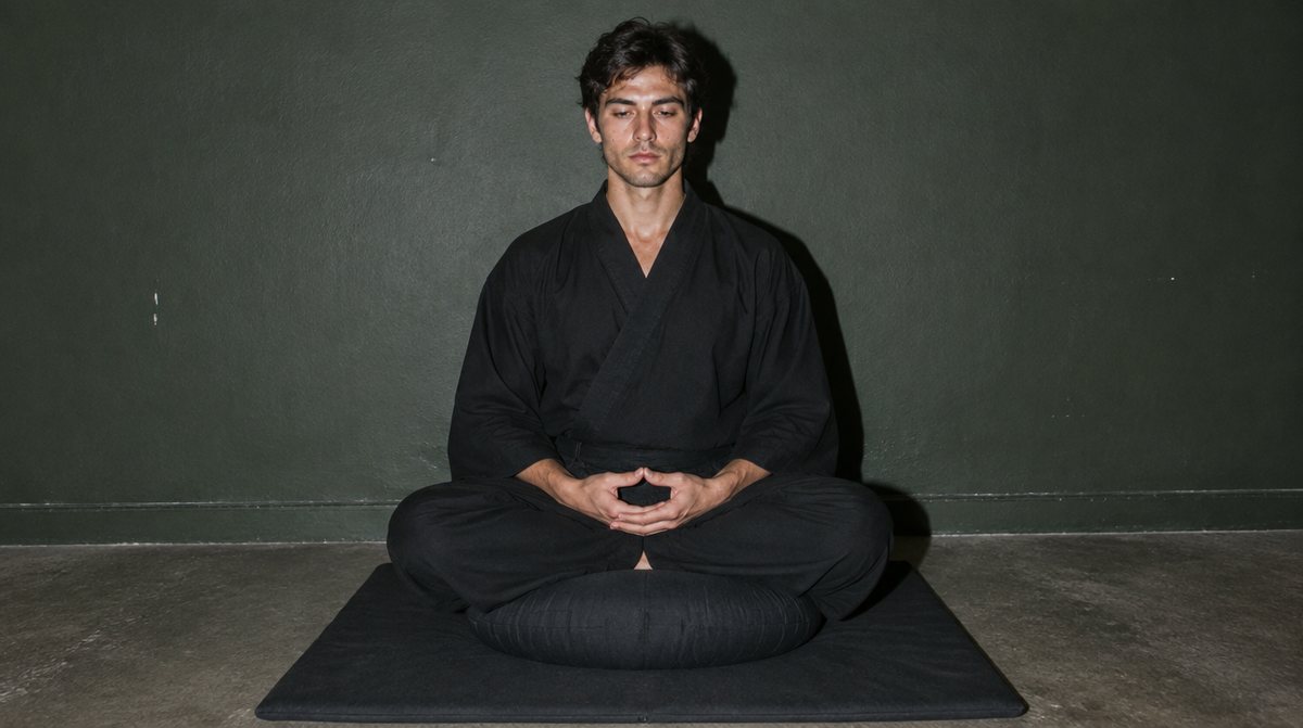 Zazen: junger Mann in schwarzer Robe sitzt aufrecht auf einem runden Zafu-Kissen, die Hände im kosmischen Mudra, vor einer dunkelgrünen Wand
