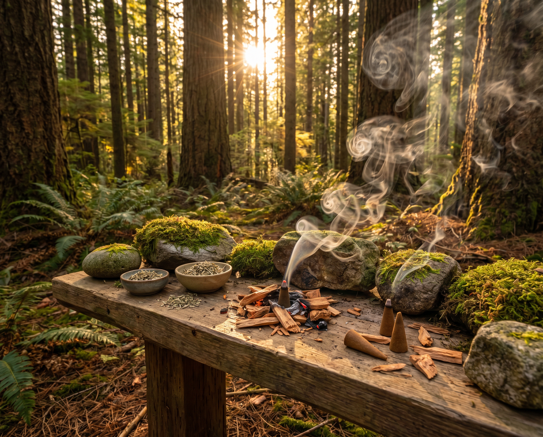 Zedernholz räuchern – Holzspäne brennen im Wald für spirituelle Rituale
