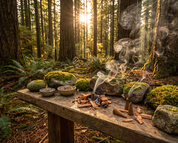 Zedernholz räuchern – Holzspäne brennen im Wald für spirituelle Rituale