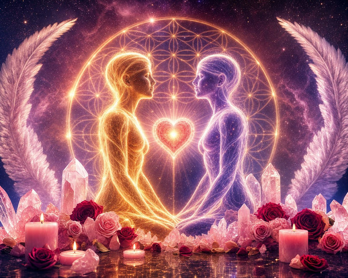 Zwillingsflamme Liebe: Zwei leuchtende Seelen in Gold und Violett verbunden durch ein strahlendes Herz, umgeben von Rosenquarz-Kristallen, Rosen und Kerzen vor kosmischem Sternenhimmel