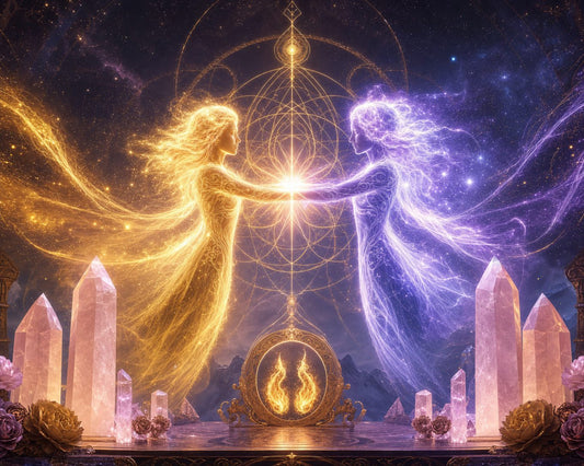 Zwillingsflammen Vereinigung: Zwei leuchtende Seelen in Gold und Violett reichen sich die Hände vor heiliger Geometrie und Rosenquarz-Kristallen im Sternenhimmel