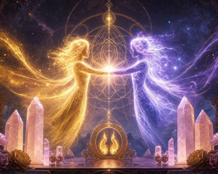 Zwillingsflammen Vereinigung: Zwei leuchtende Seelen in Gold und Violett reichen sich die Hände vor heiliger Geometrie und Rosenquarz-Kristallen im Sternenhimmel