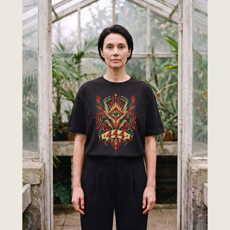 Nachtgarten Capsule 01: schwarzes Oversized-T-Shirt mit 444-Wächter-Print, getragen im Gewächshaus.