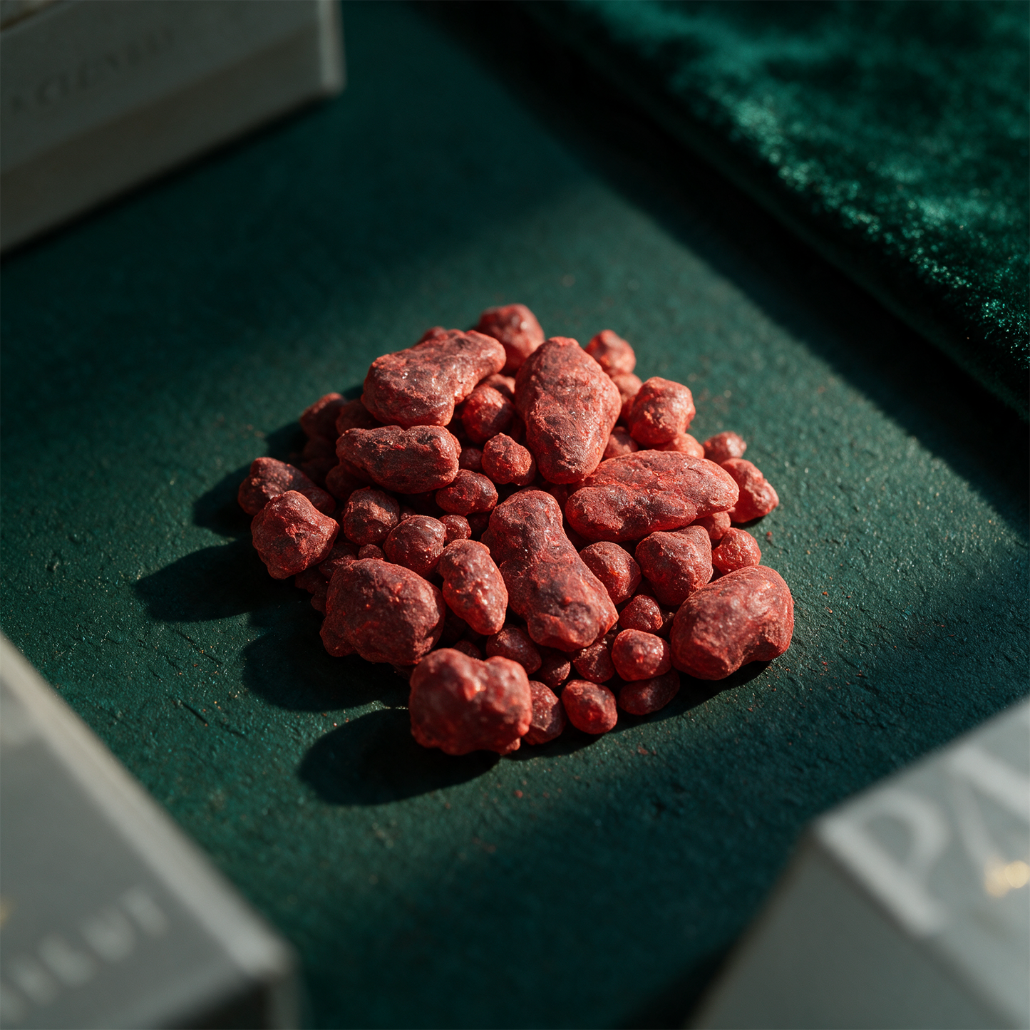 Drachenblut RÃ¤ucherharz | Schutz, StÃ¤rke & rituelle Tiefe â€“ Detailansicht vor tiefem SmaragdgrÃ¼n