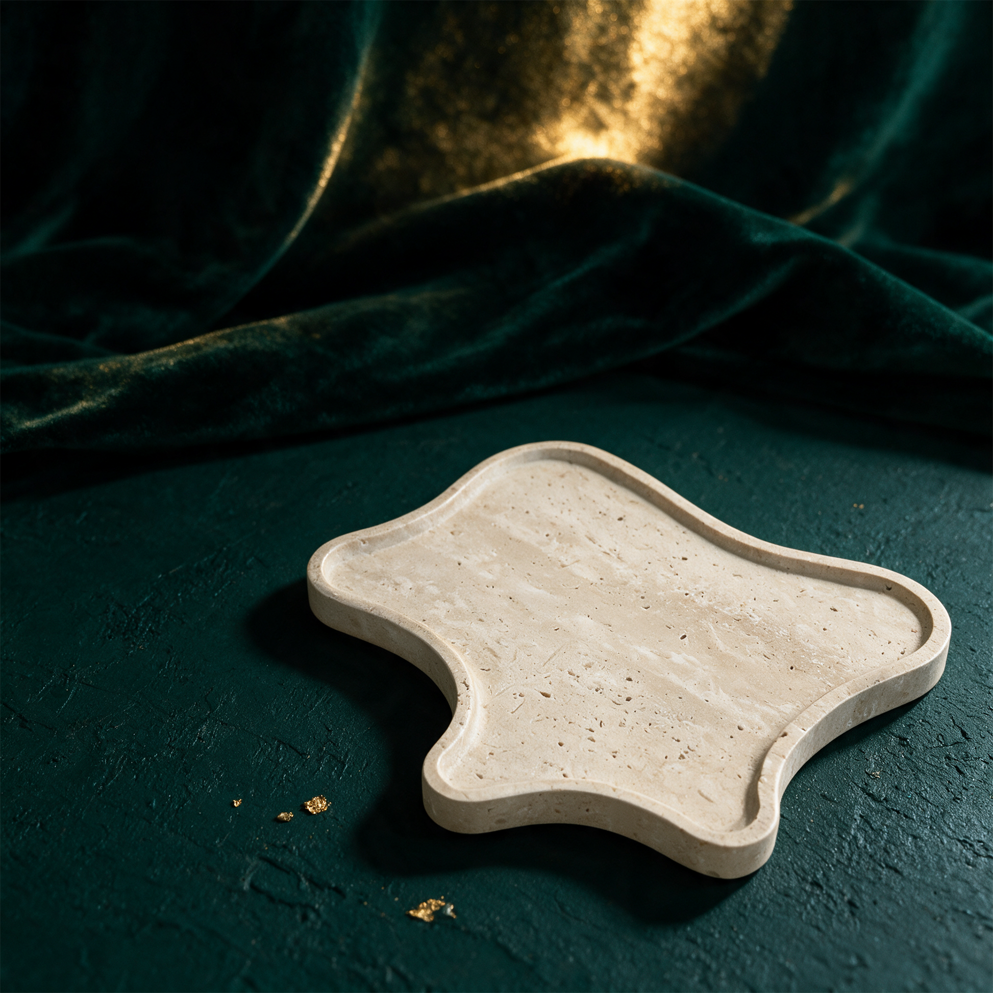 Patera Travertin Tablett | Handgefertigte Naturstein-Ablage 25Ã—22 cm â€“ alternative Produktansicht vor tiefem SmaragdgrÃ¼n