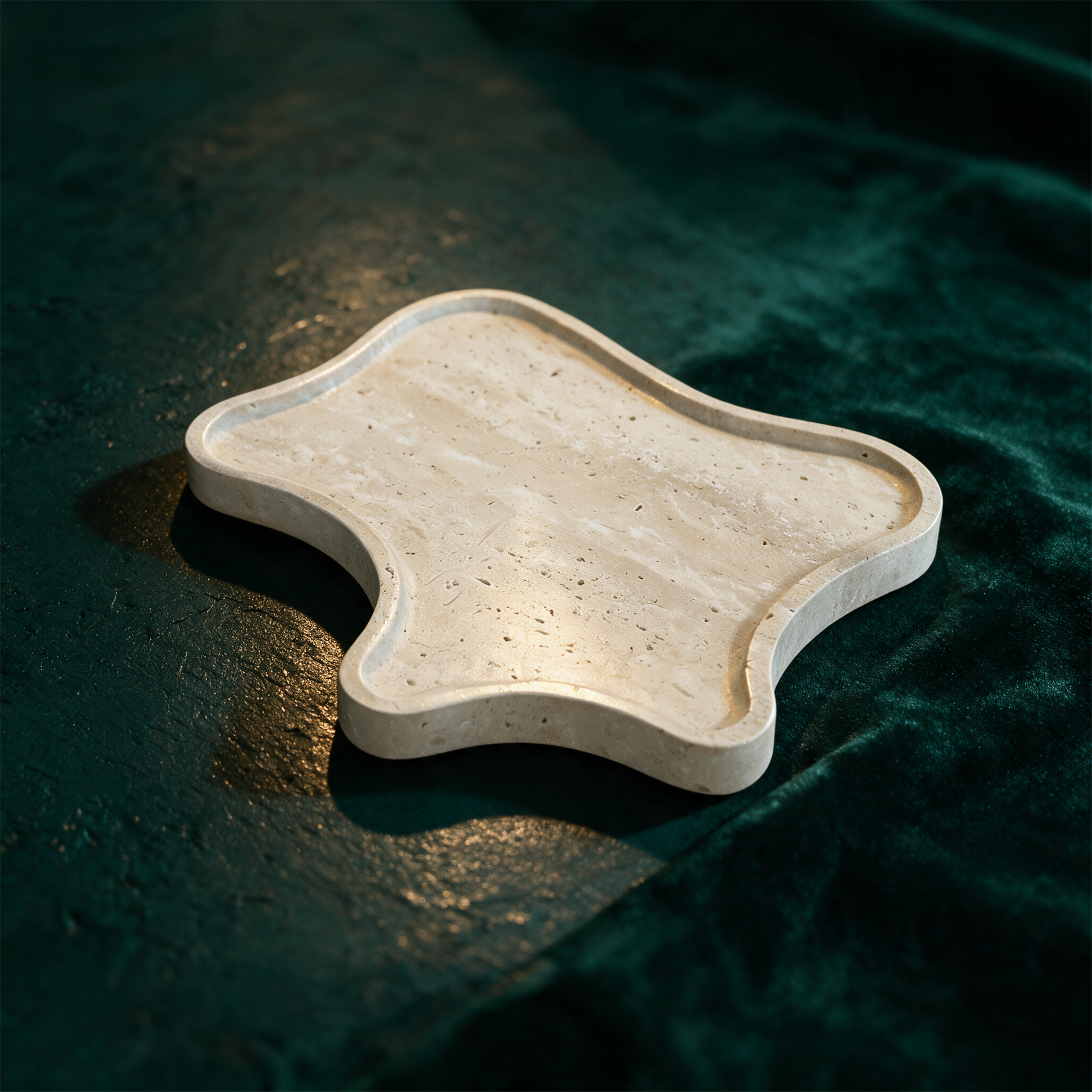 Patera Travertin Tablett | Handgefertigte Naturstein-Ablage 25Ã—22 cm â€“ Material- und Setansicht vor tiefem SmaragdgrÃ¼n